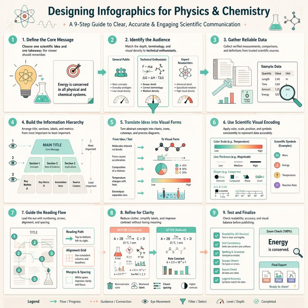 Portrait infographic poster with 9 numbered steps on physics and chemistry visual message design using infographics.