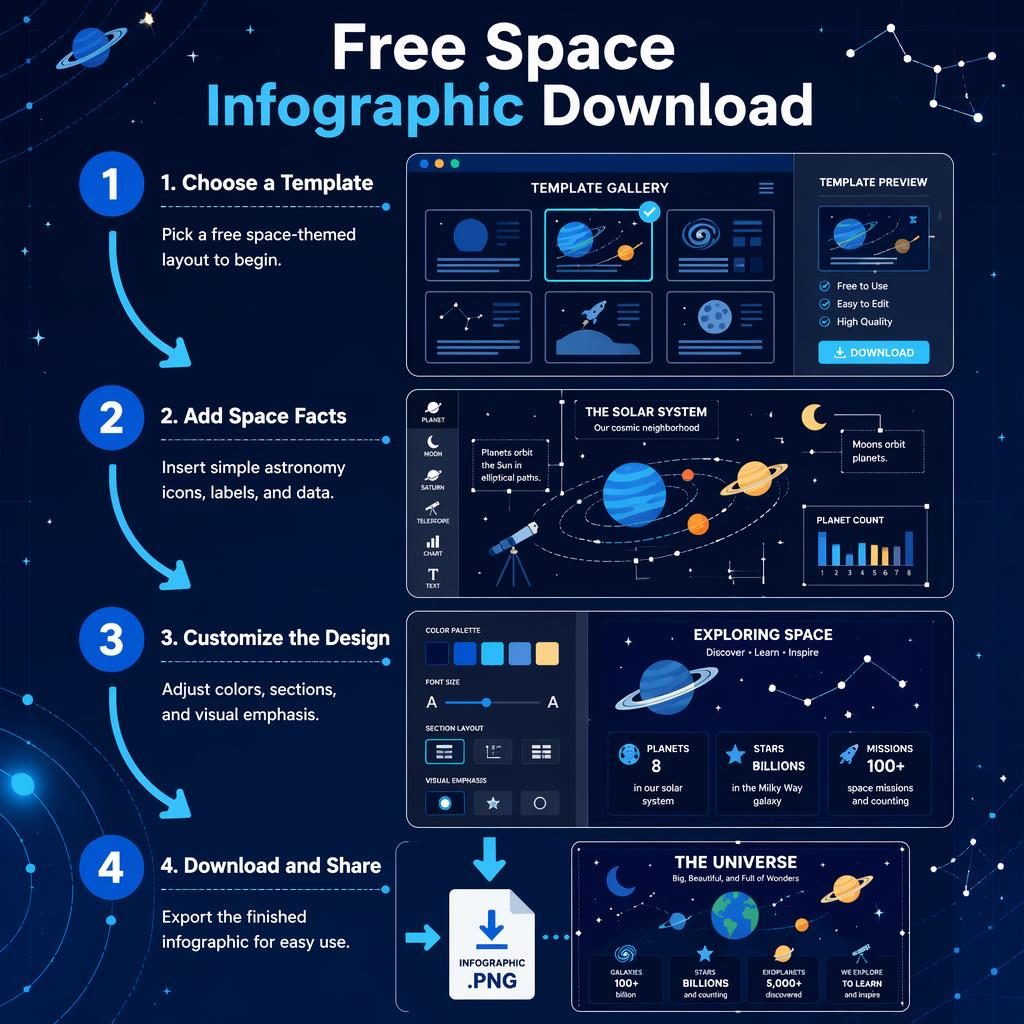 Portrait space infographic poster with 4 numbered steps, blue astronomy icons, arrows, template editor panels, and download symbol.