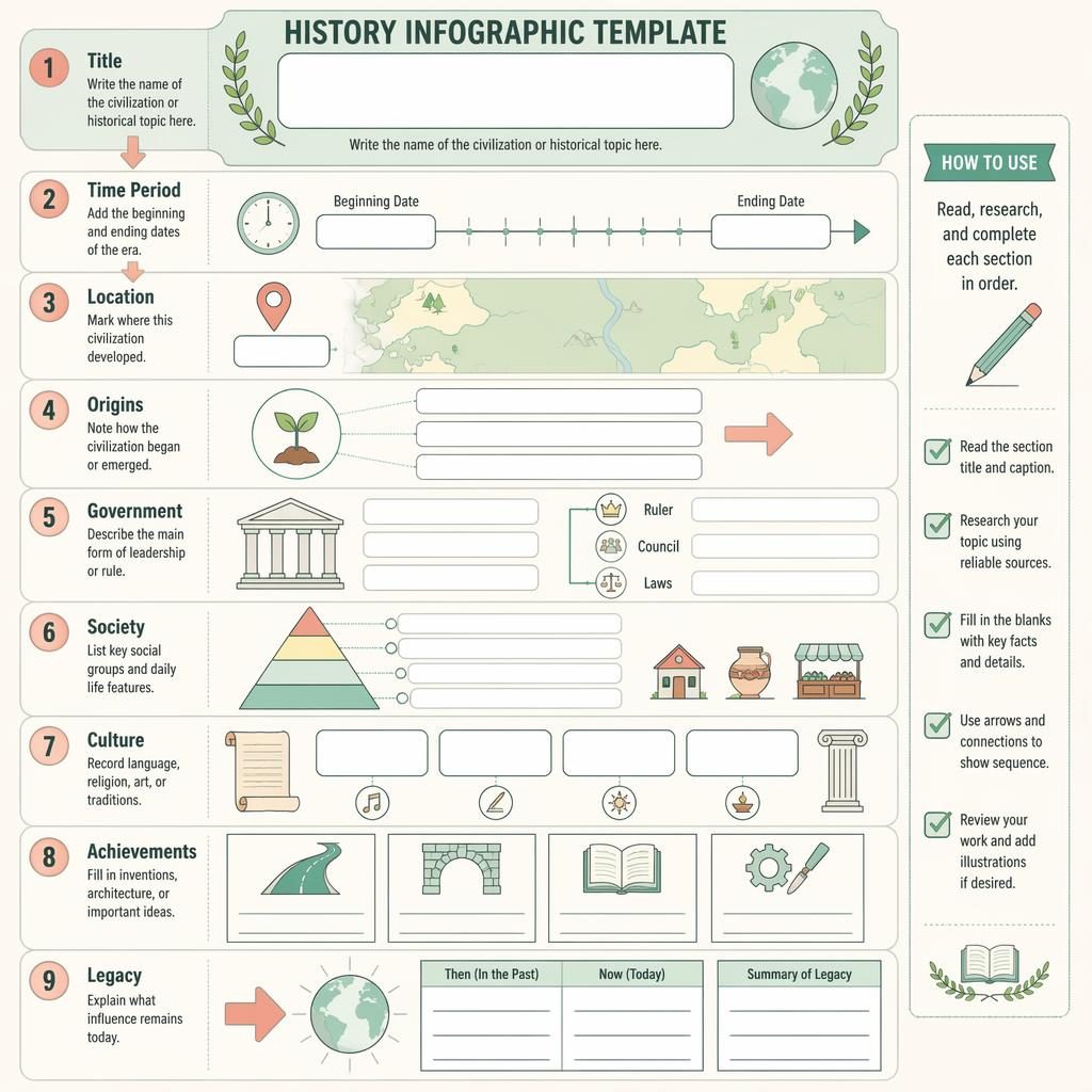 Póster vertical de infografía para rellenar con 9 secciones numeradas, flechas, líneas punteadas e iconos académicos.