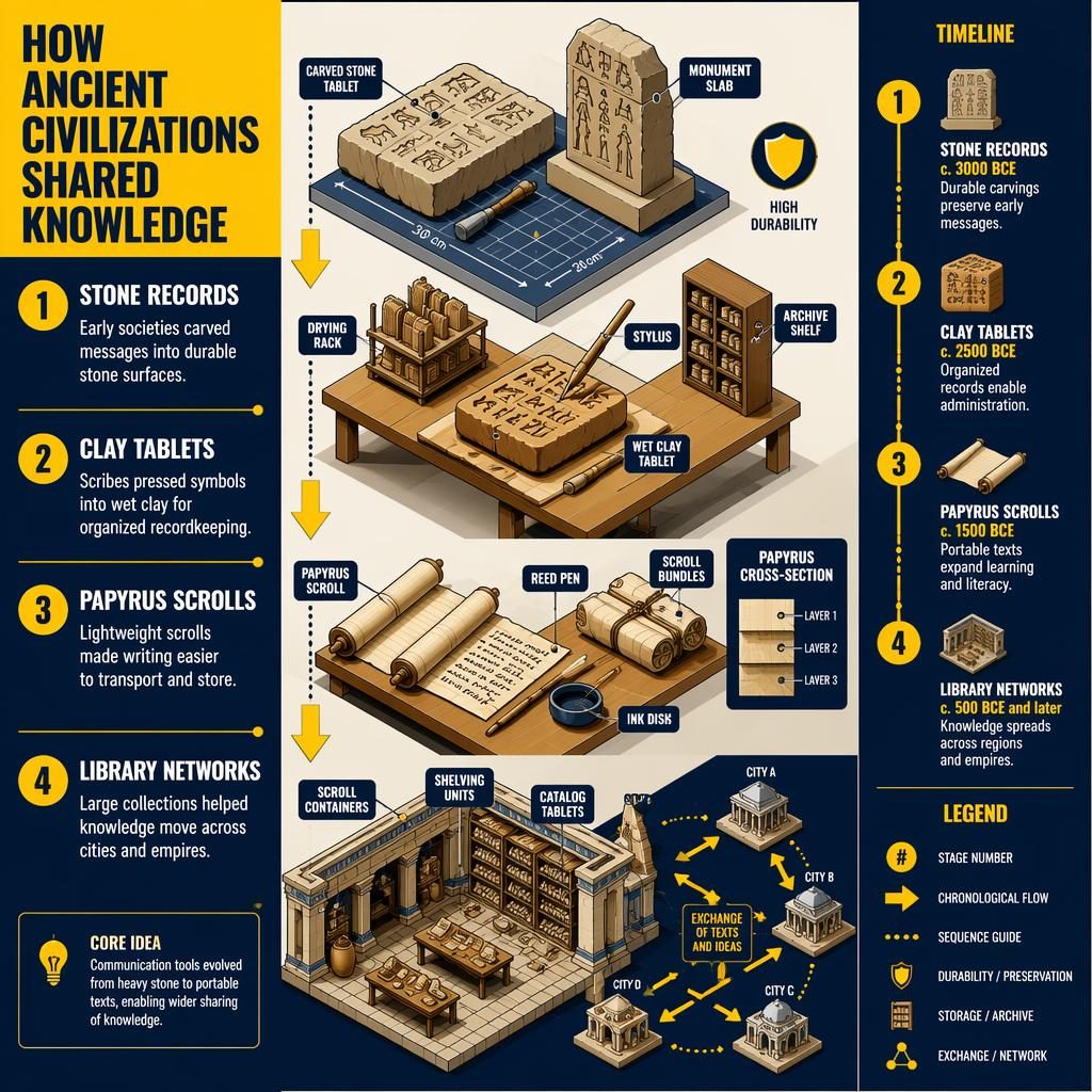 Isometric yellow and navy infographic poster showing 4 stages: stone records, clay tablets, papyrus scrolls, and library networks.
