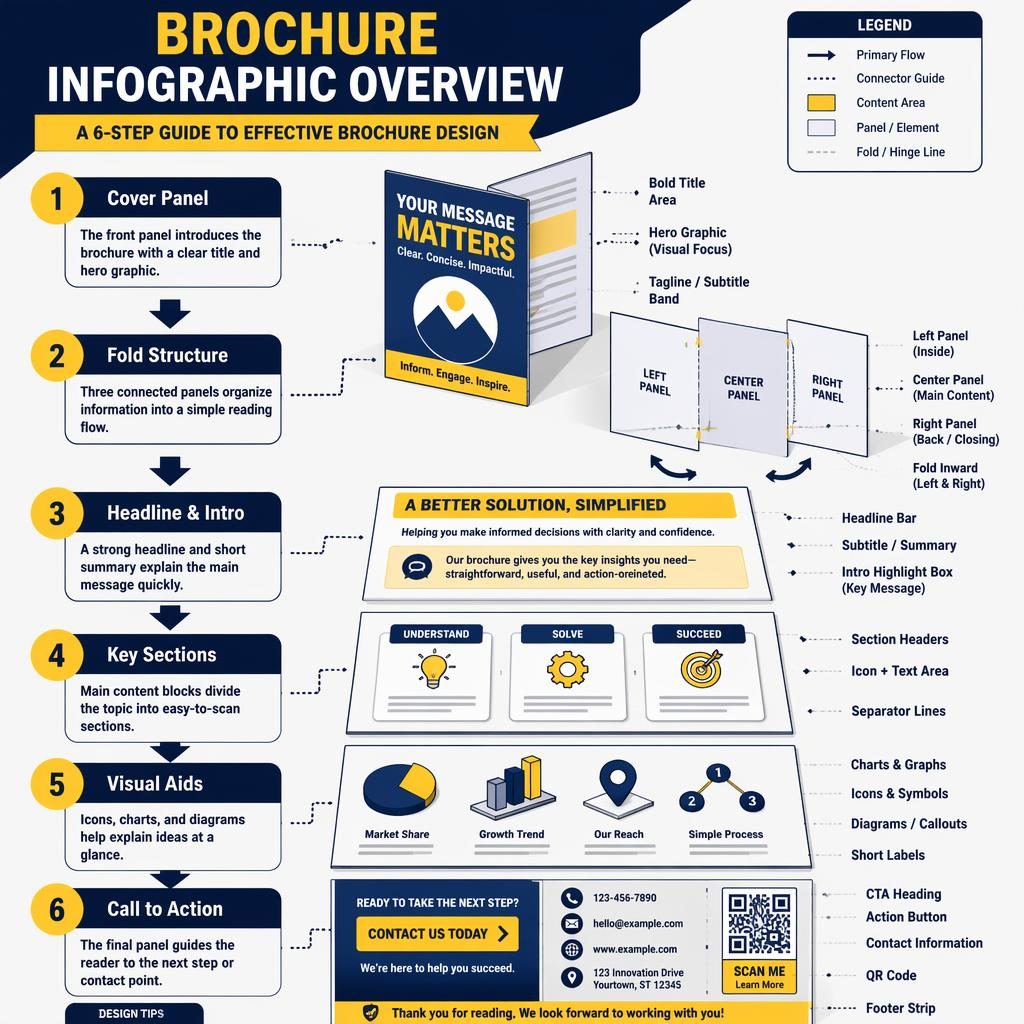 Isometric brochure infographic poster with 6 numbered panels, navy arrows, dotted guides, yellow and navy layout.