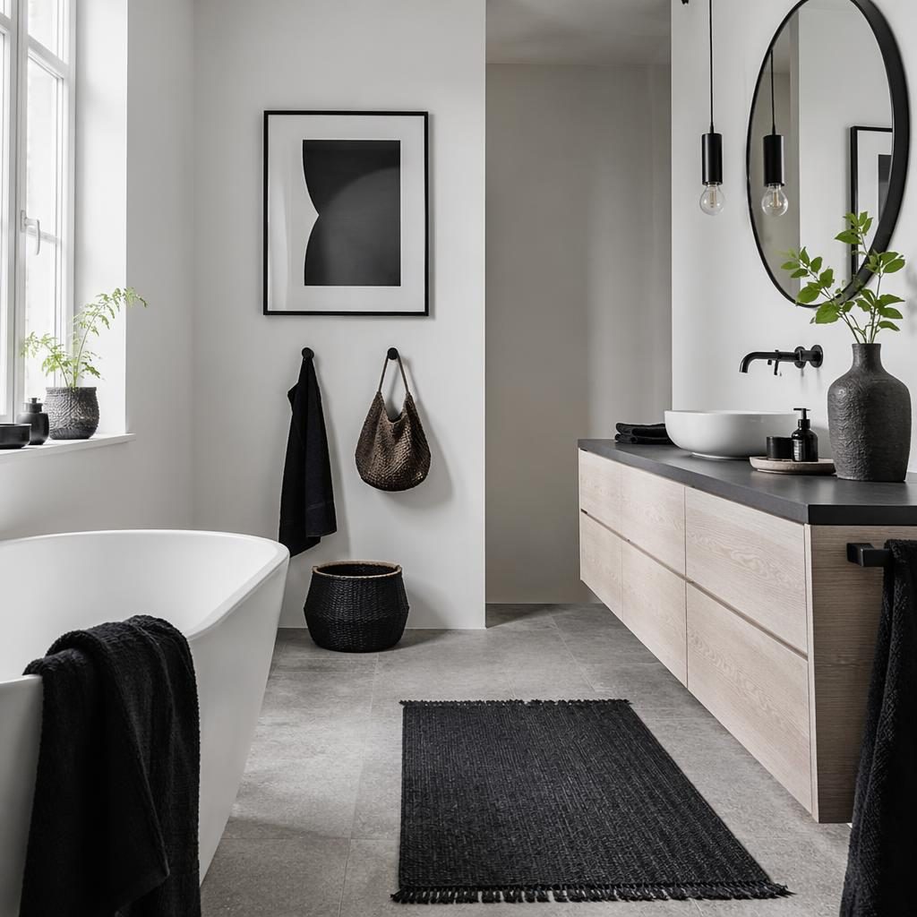 Skandinavisches Badezimmer in Schwarz-Weiß mit Tageslicht, Naturmaterialien, Pflanzen, Kunst, Textilien und klarer Möblierung