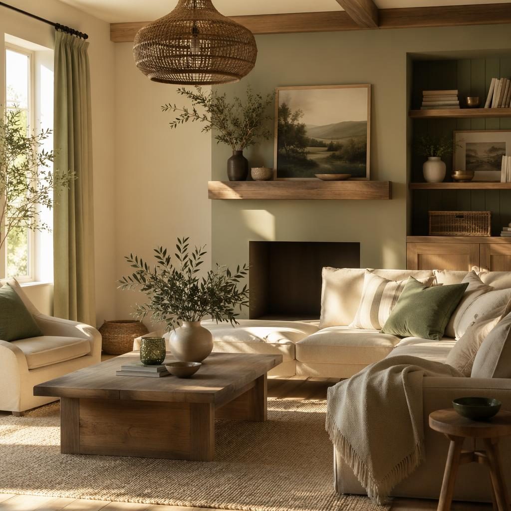 Modernes Farmhouse-Wohnzimmer mit salbei-cremefarbener Palette, Naturmaterialien, Pflanzen, Kunst und goldenem Licht.