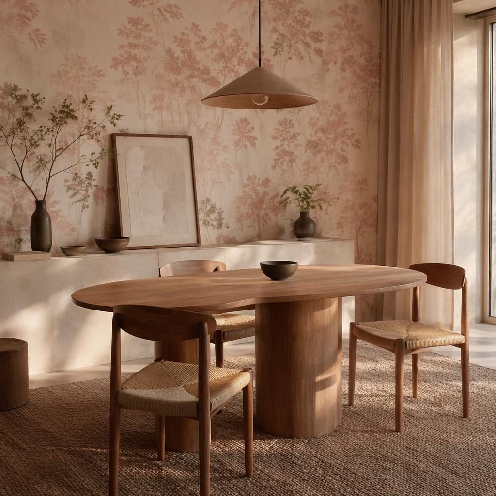 Muted wabi-sabi interior in pastel pink and beige with natural materials, soft light, plants, textiles, and art.
