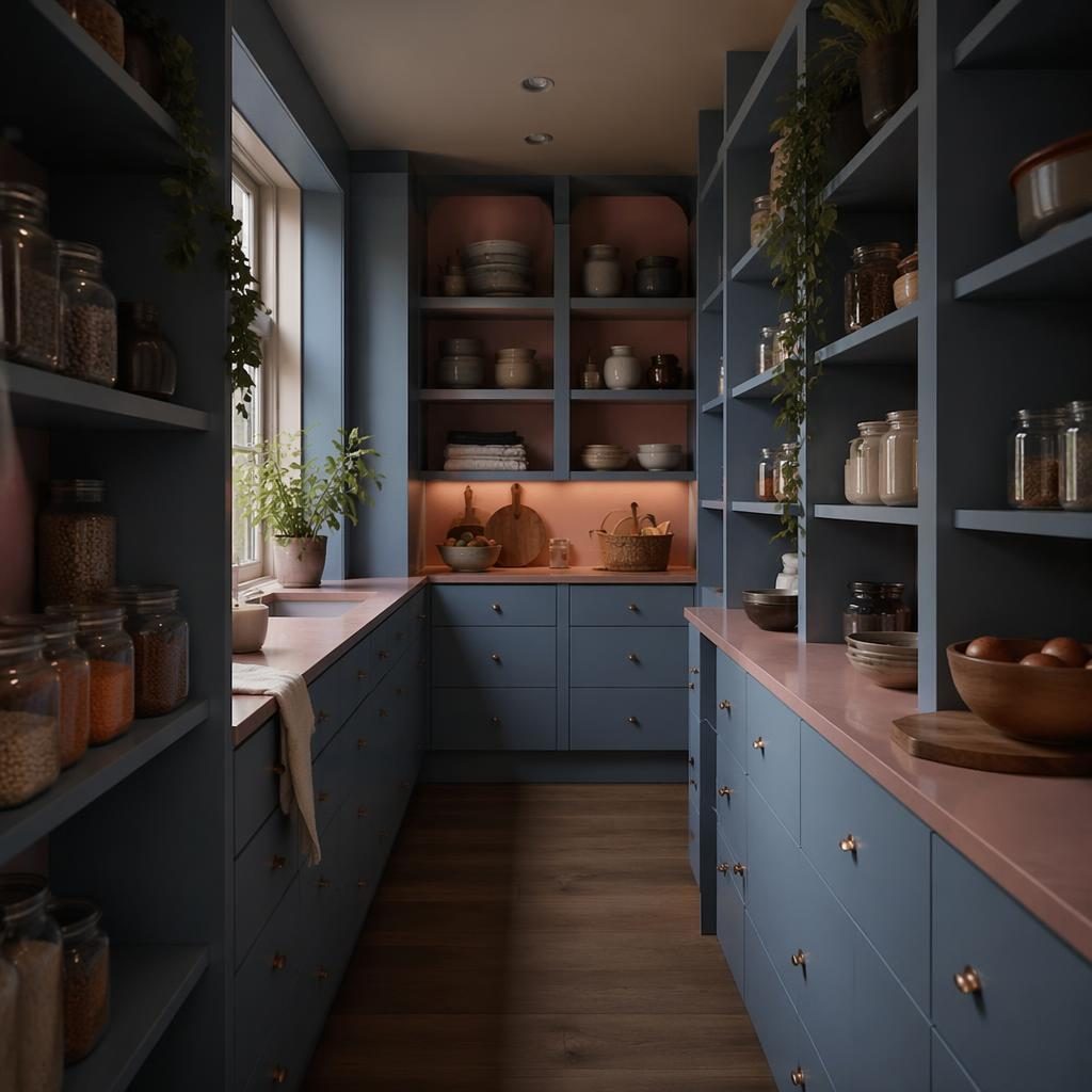 Scandinavian dining room render with sage and cream tones, custom walk-in pantry, natural wood, plants, art, and textiles.