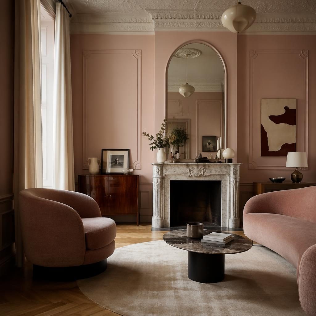 Moody mid-century walk-in closet beside a pastel pink and beige bedroom with plants, art, textiles, and black accents.