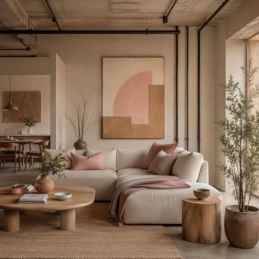 Rincón de lectura wabi-sabi en rosa pastel y beige, con tuberías industriales, plantas, arte y textiles.