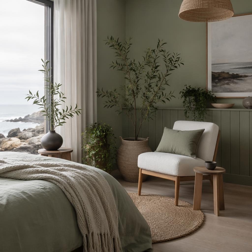 Coastal boho reading nook with plants, black and white palette, natural materials, art, textiles, and soft overcast light