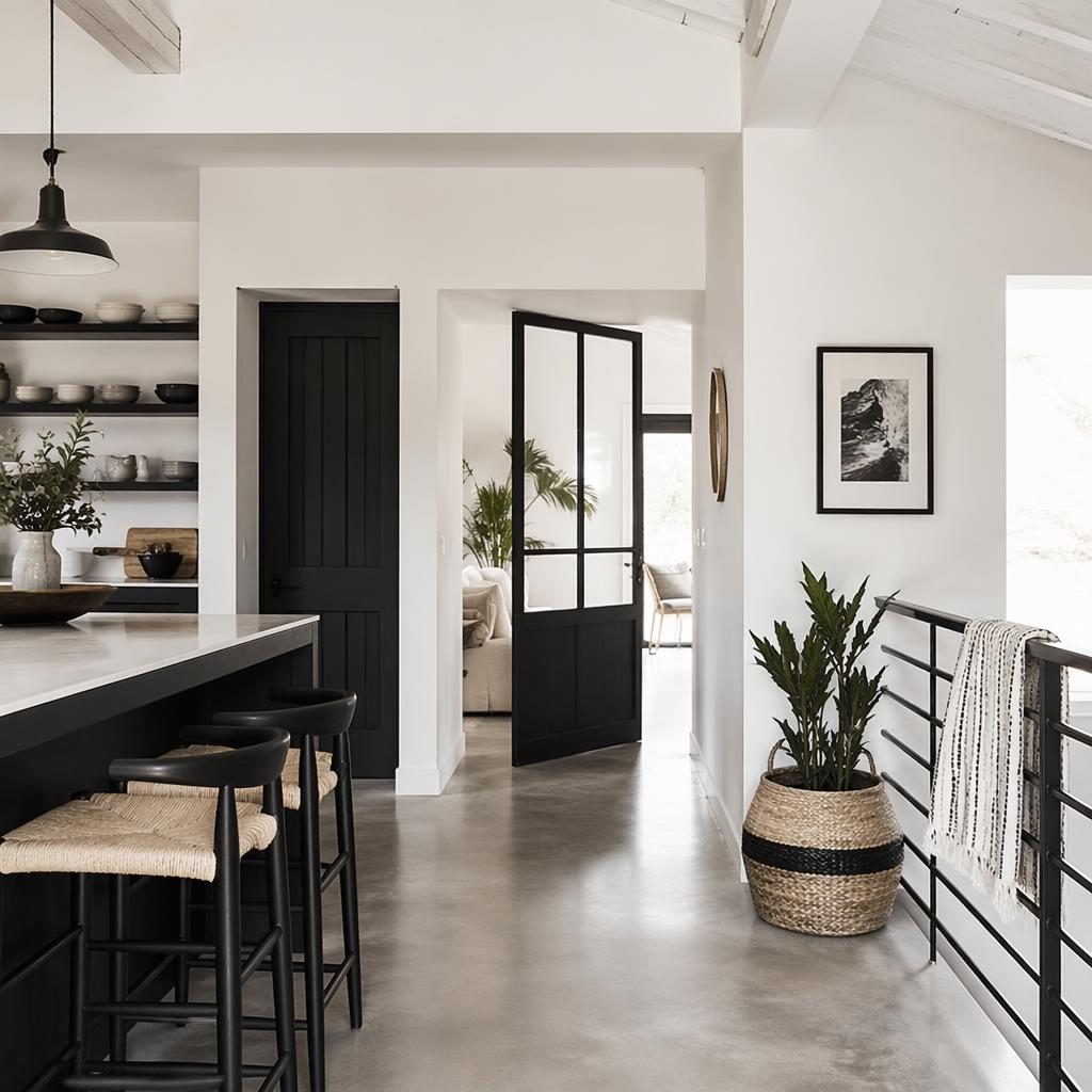 Cuisine côtière dans un loft blanc minimaliste, palette noir et blanc, lumière douce, plantes et matières naturelles.