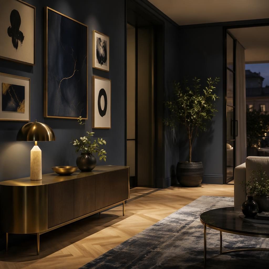 Entrée de salon intérieur minimaliste aux tons bleus et laiton, matériaux naturels, plantes, art mural et lumière du soir