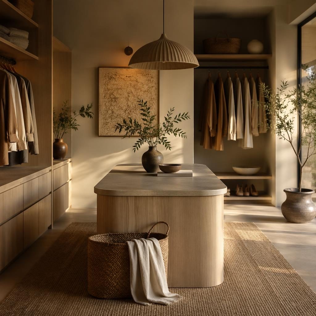 Dressing bohème aux tons terre avec îlot style japandi, matières naturelles, plantes et lumière dorée, sans personne.