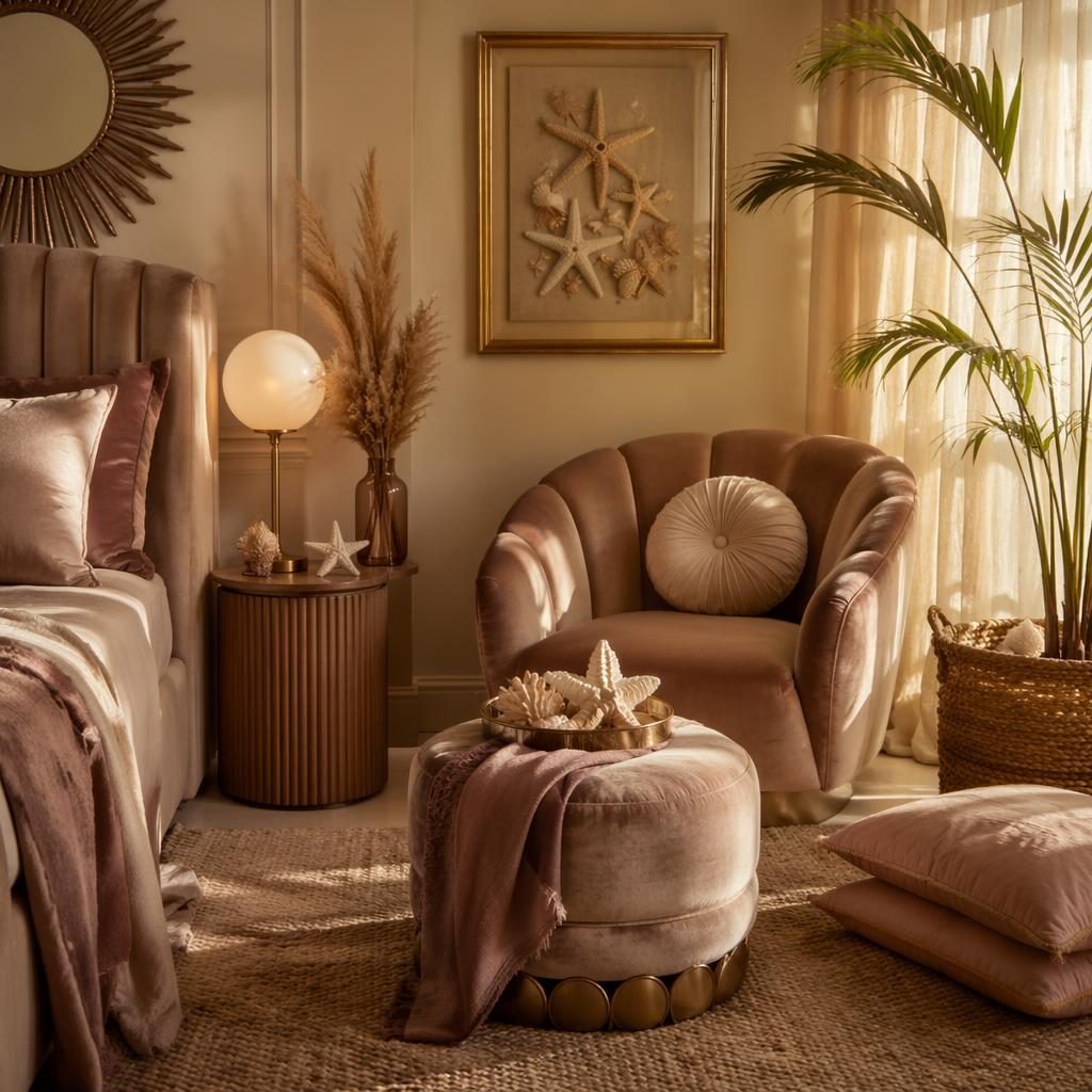 Boho art deco bedroom with velvet accents, warm neutral palette, plants, textiles, wall art, and subtle starfish decor.