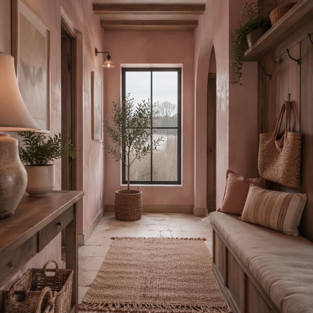 Realistic farmhouse mudroom hotel interior with pastel pink and beige decor, wood bench, plants, textiles, and soft light
