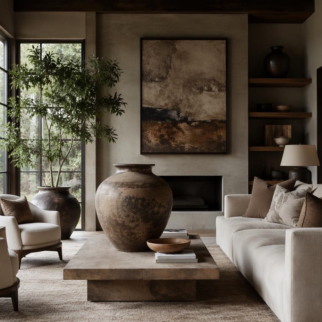 Earth-tone living room with warm neutral decor, large ornaments, natural materials, plants, art, and soft diffused light