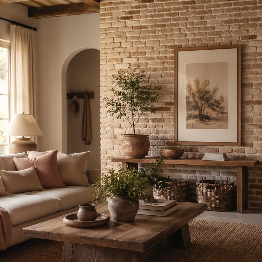 Recibidor de estilo farmhouse con paleta rosa pastel y beige, ladrillo visto, luz dorada, fibras naturales, plantas y arte.