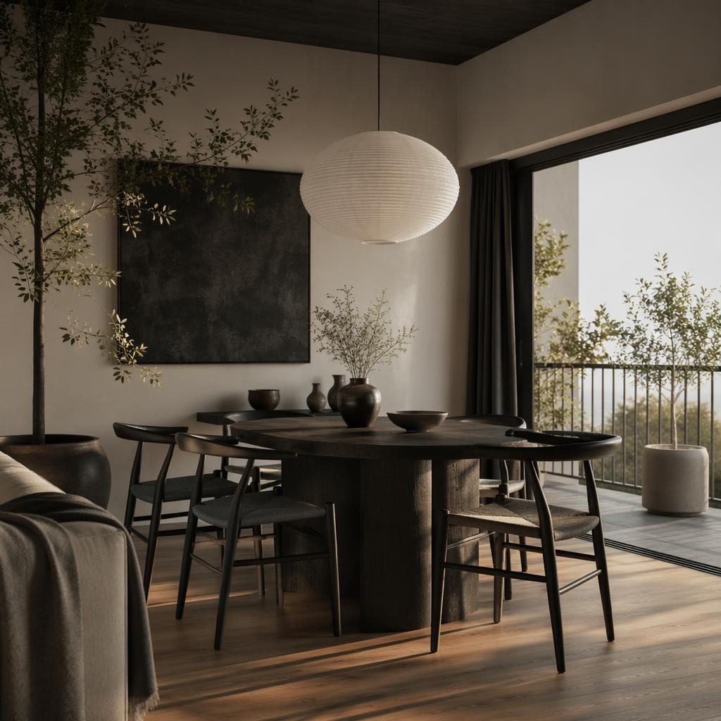Japandi balcony interior in black and white with natural materials, plants, art, textiles, and golden hour light
