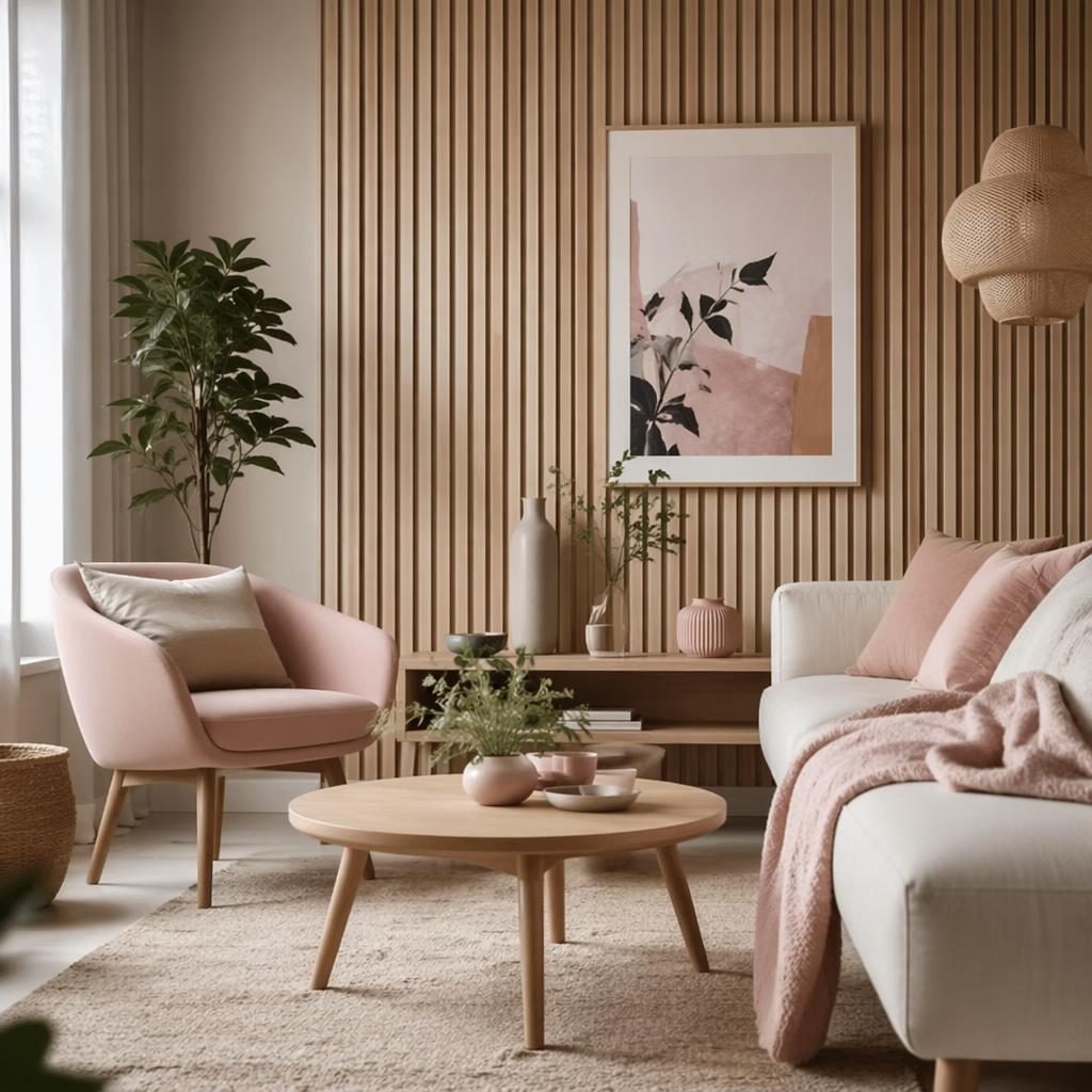 Salon scandinave avec coin lecture, murs bois, tons rose pastel et beige, plantes, textiles, art mural, lumière diffuse.