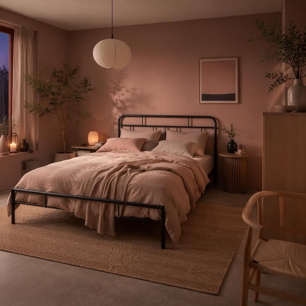 Japandi-Badezimmer in Pastellrosa und Beige bei Abendlicht, mit Naturmaterialien, Pflanzen, Kunst und Textilien.