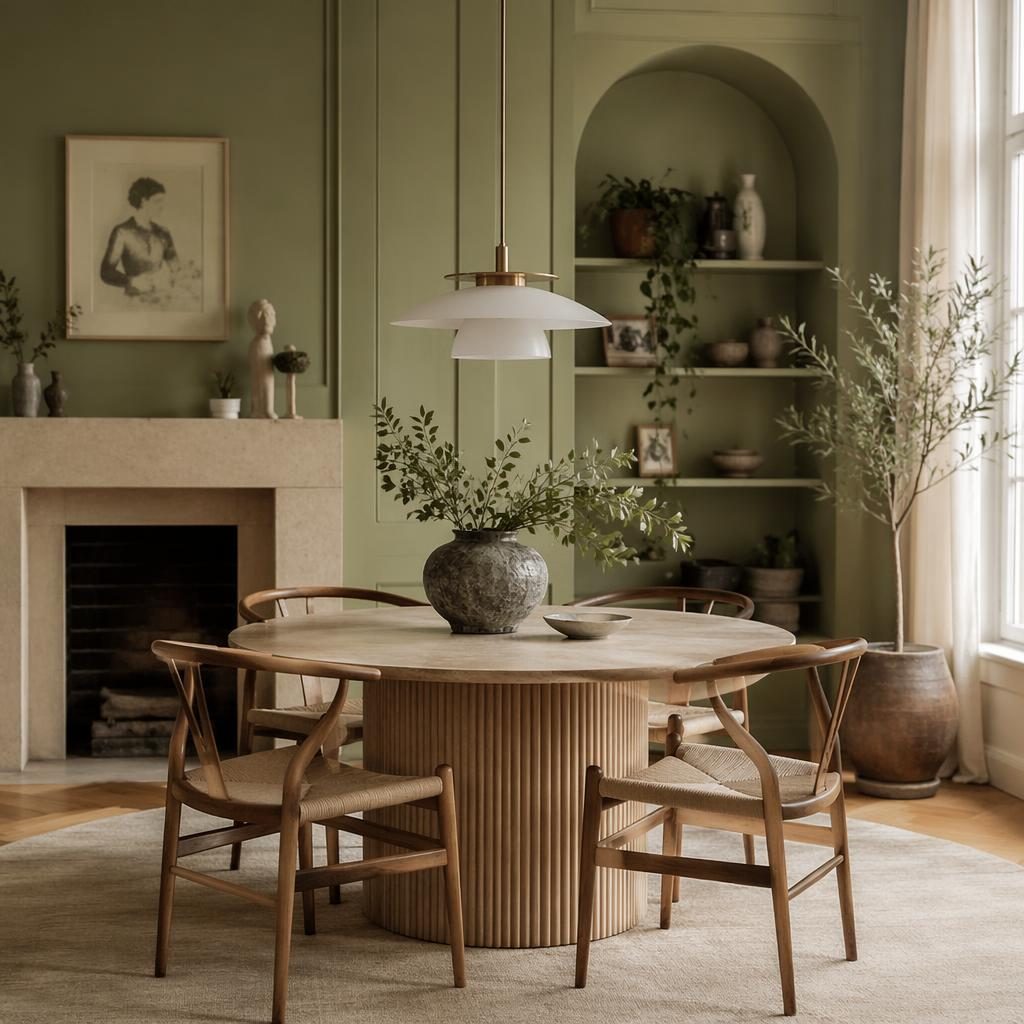 Comedor escandinavo art déco con paleta salvia y crema, mesa de madera, textiles, plantas y luz difusa.