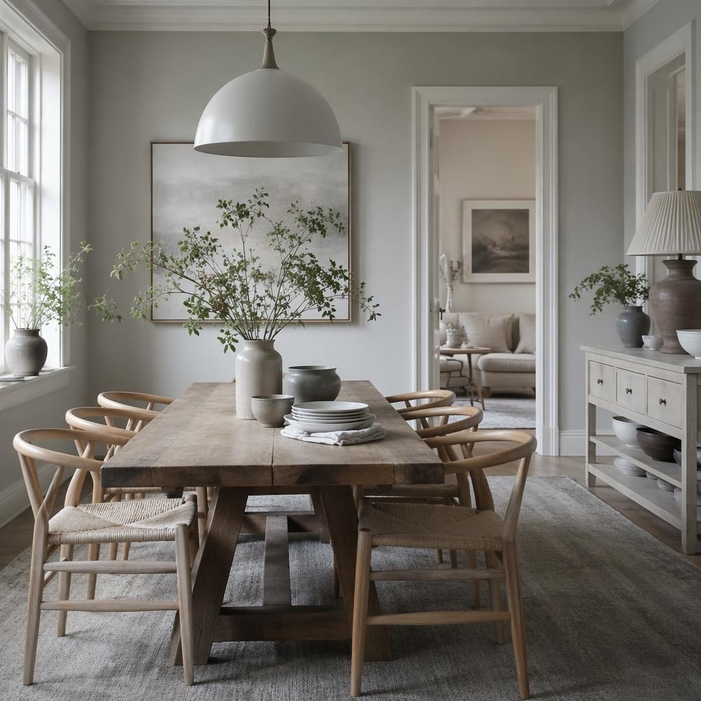 Scandinavian dining room with cool grey palette, farmhouse details, soft daylight, natural wood, plants, art and textiles