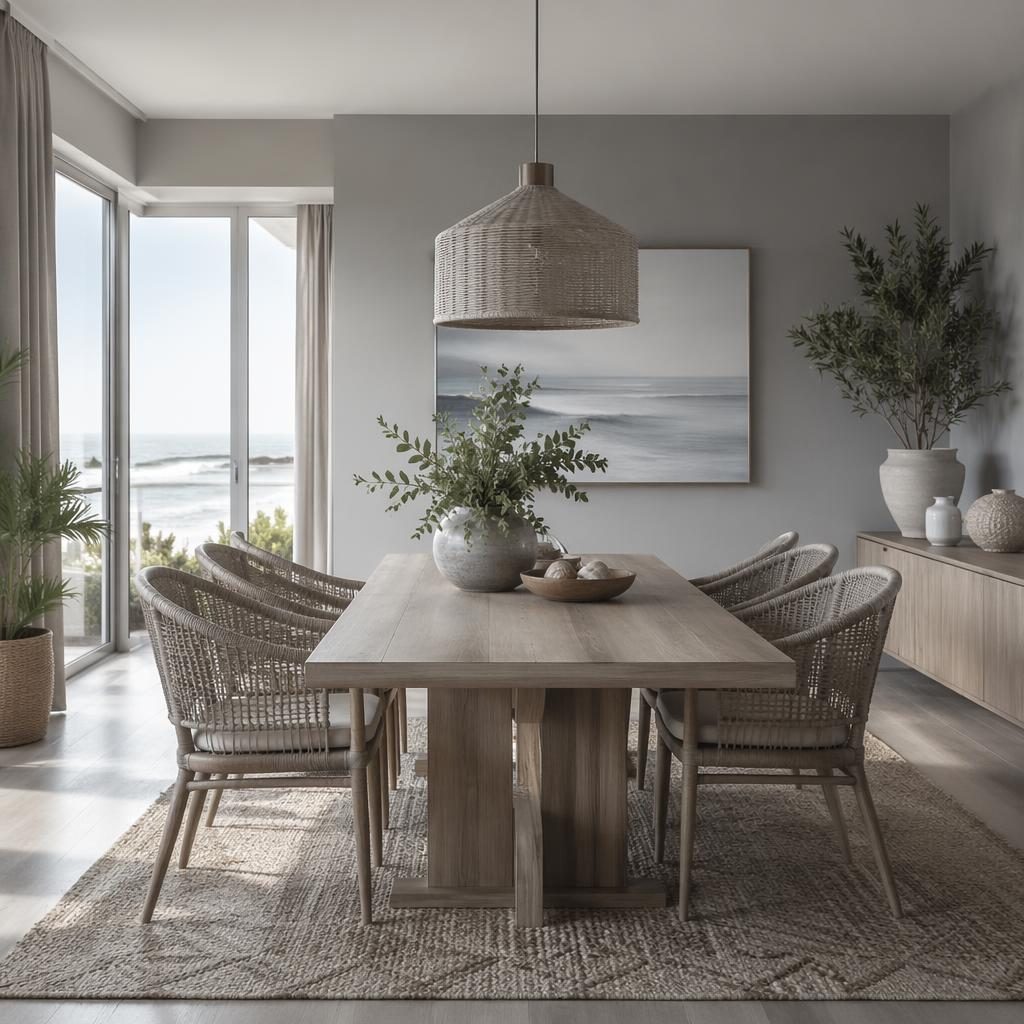 Küsten-Esszimmer in kühlen Grautönen mit Leinen, Naturmaterialien, Pflanzen, Kunst und weichem Tageslicht