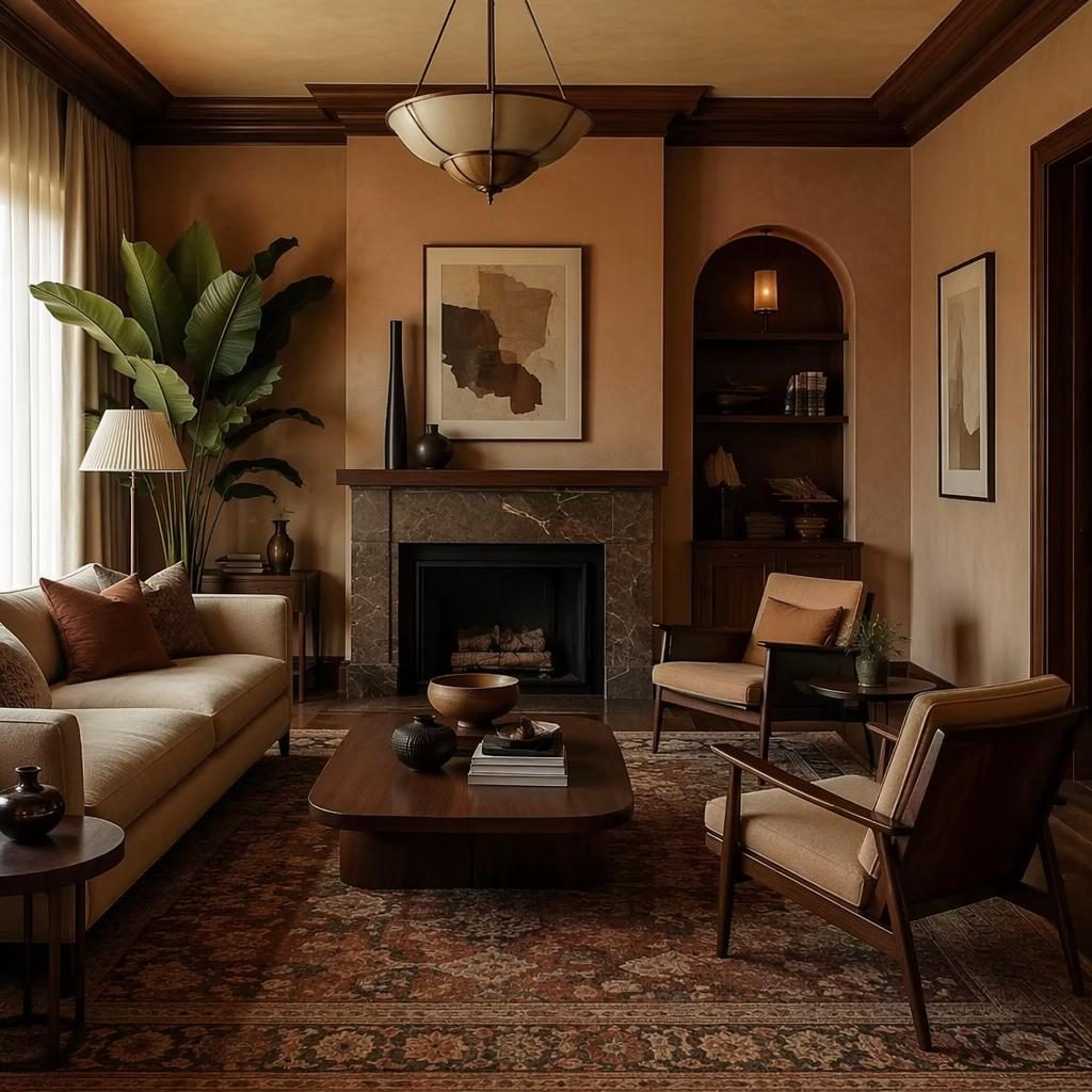 Realistic mid-century living room with art deco entryway, earth tones, natural materials, plants, textiles, and moody lighting
