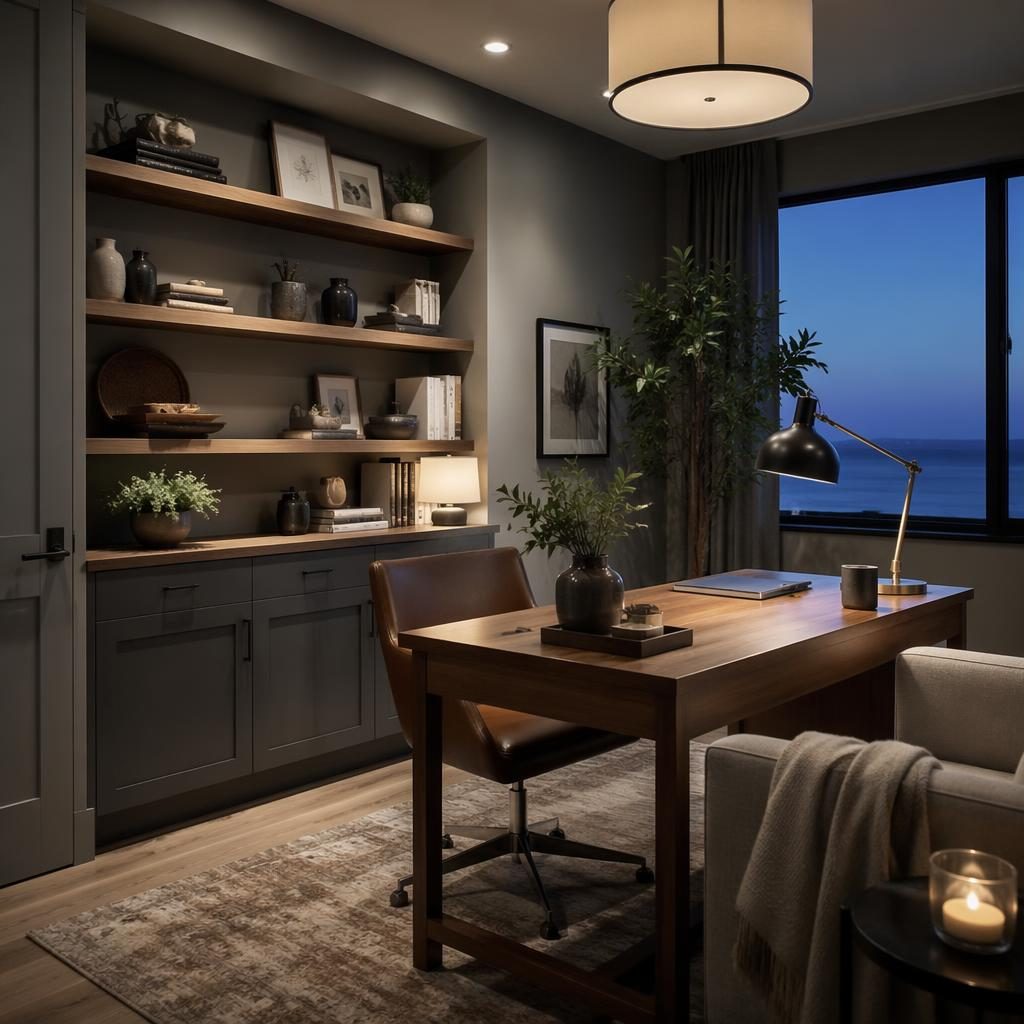 Cocina costera minimalista con estantes abiertos, tonos grises fríos, luz cálida de tarde, plantas y materiales naturales.