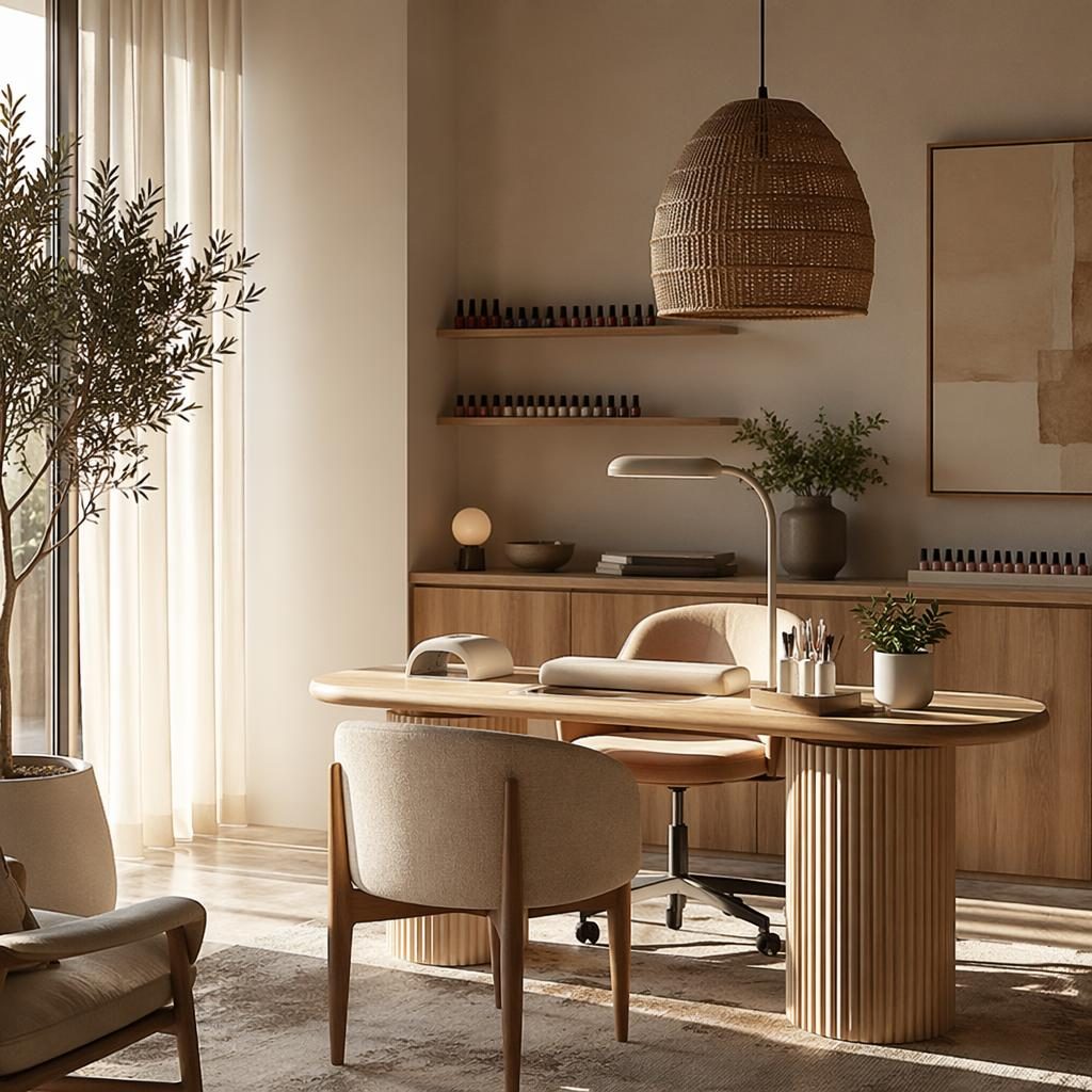 Sala escandinava minimalista con tonos neutros cálidos, luz dorada, muebles de madera, plantas, arte textil y sin personas.