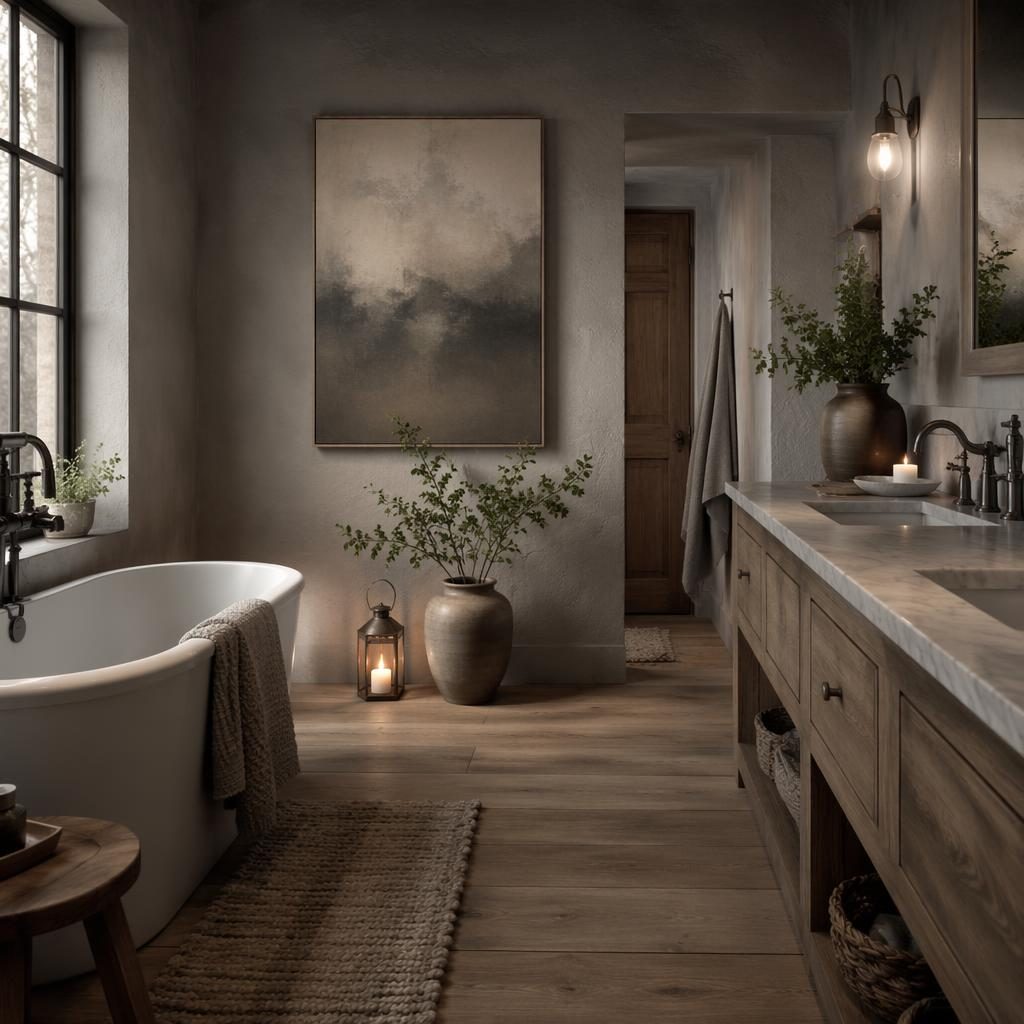 Farmhouse bathroom interior render in cool grey tones with warm evening light, natural materials, plants, textiles and wall art.