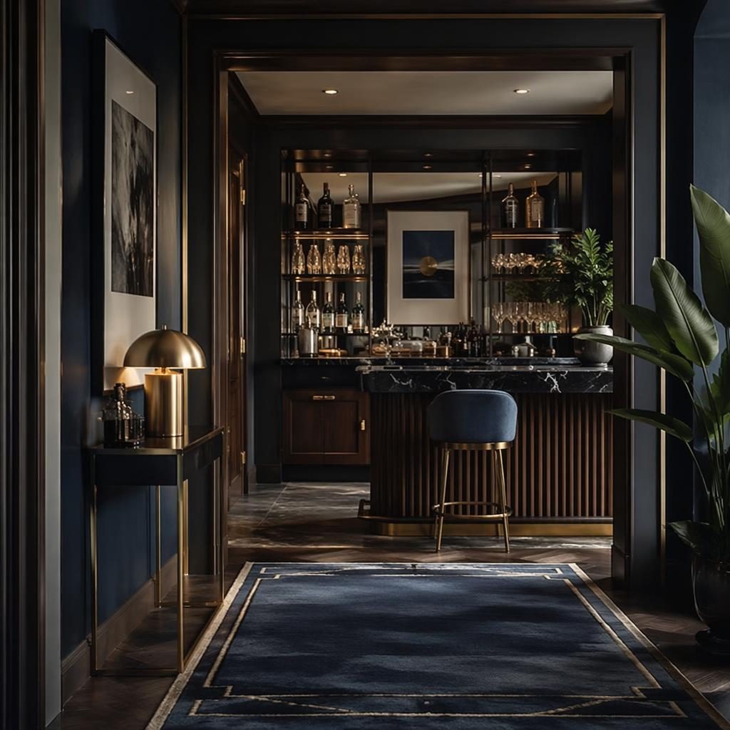 Moody art deco entryway with a mid century home bar, blue and brass palette, plants, textiles, art, and natural materials.