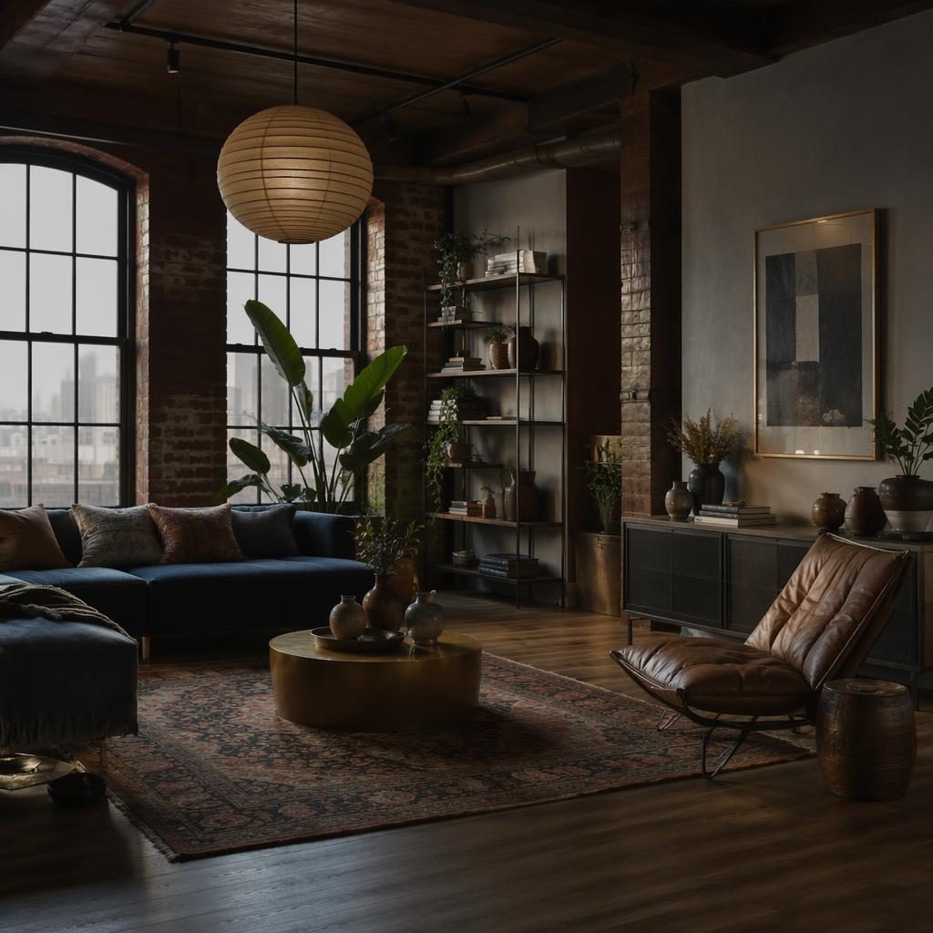 Moody Japandi walk-in closet in an industrial loft with blue and brass accents, wood shelving, textiles, plants, and art