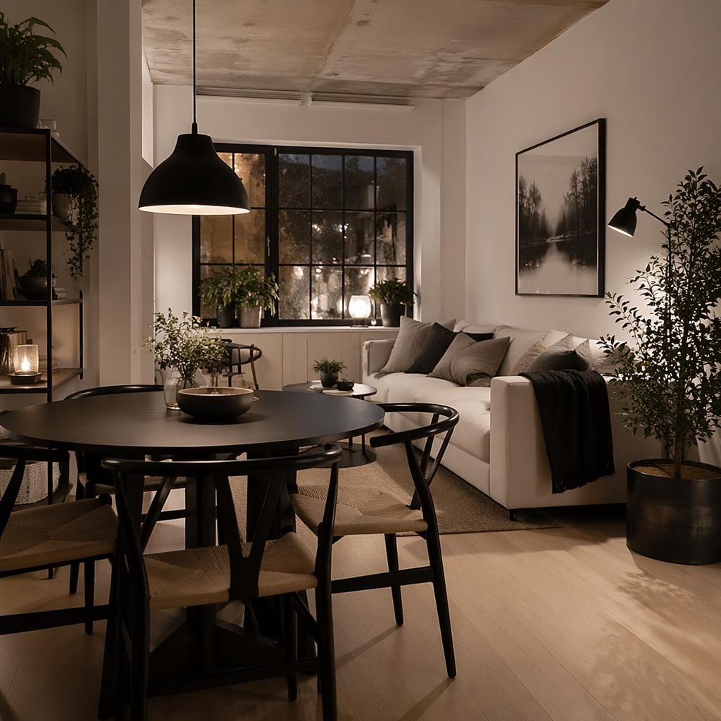 Rincón de lectura escandinavo en loft industrial, paleta blanco y negro, luz cálida, plantas, arte y textiles