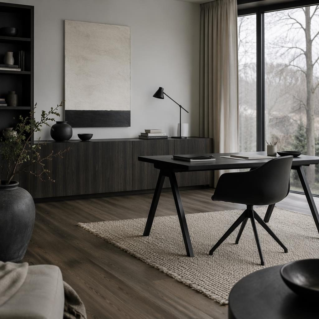Despacho escandinavo japandi en blanco y negro con madera natural, plantas, arte textil y luz difusa.