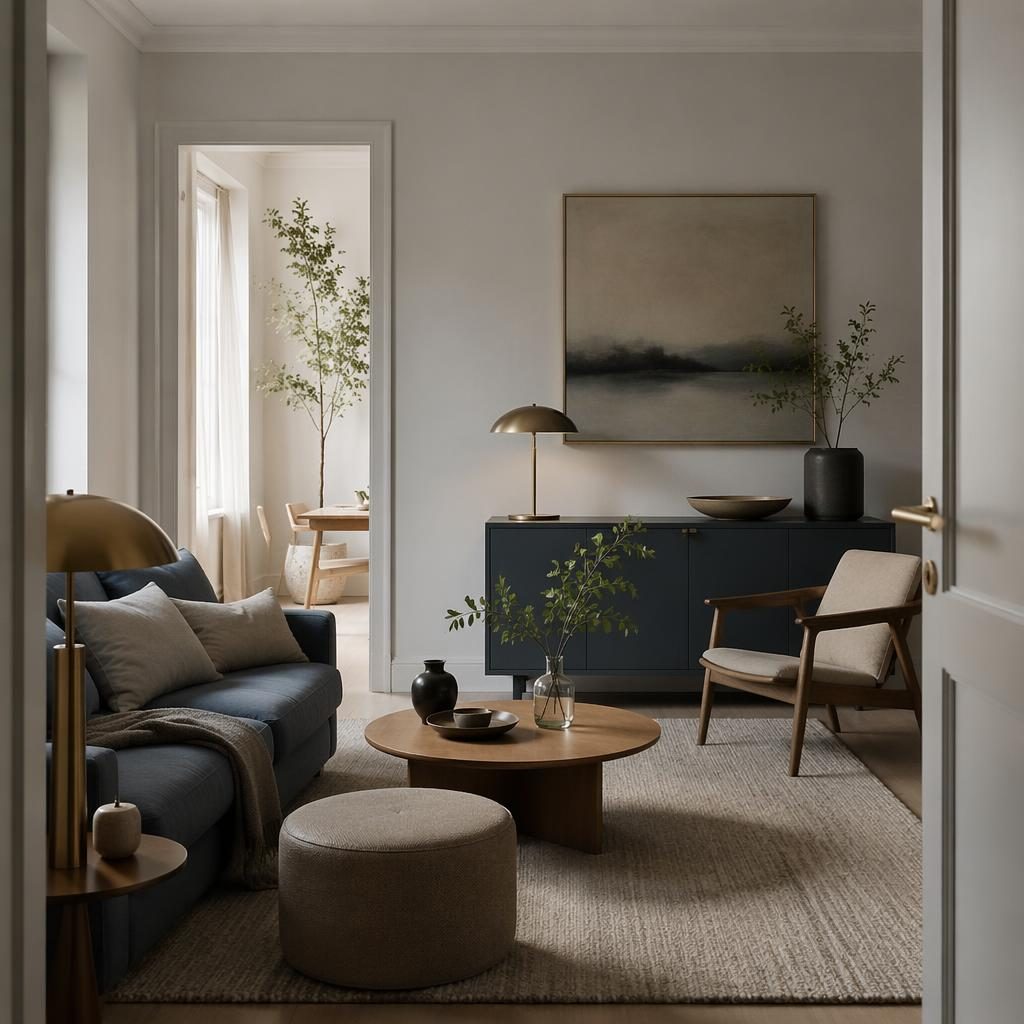 Japandi-Wohnzimmer mit blau-messingfarbenen Akzenten, Naturmaterialien, Pflanzen, Kunst und weichem Licht