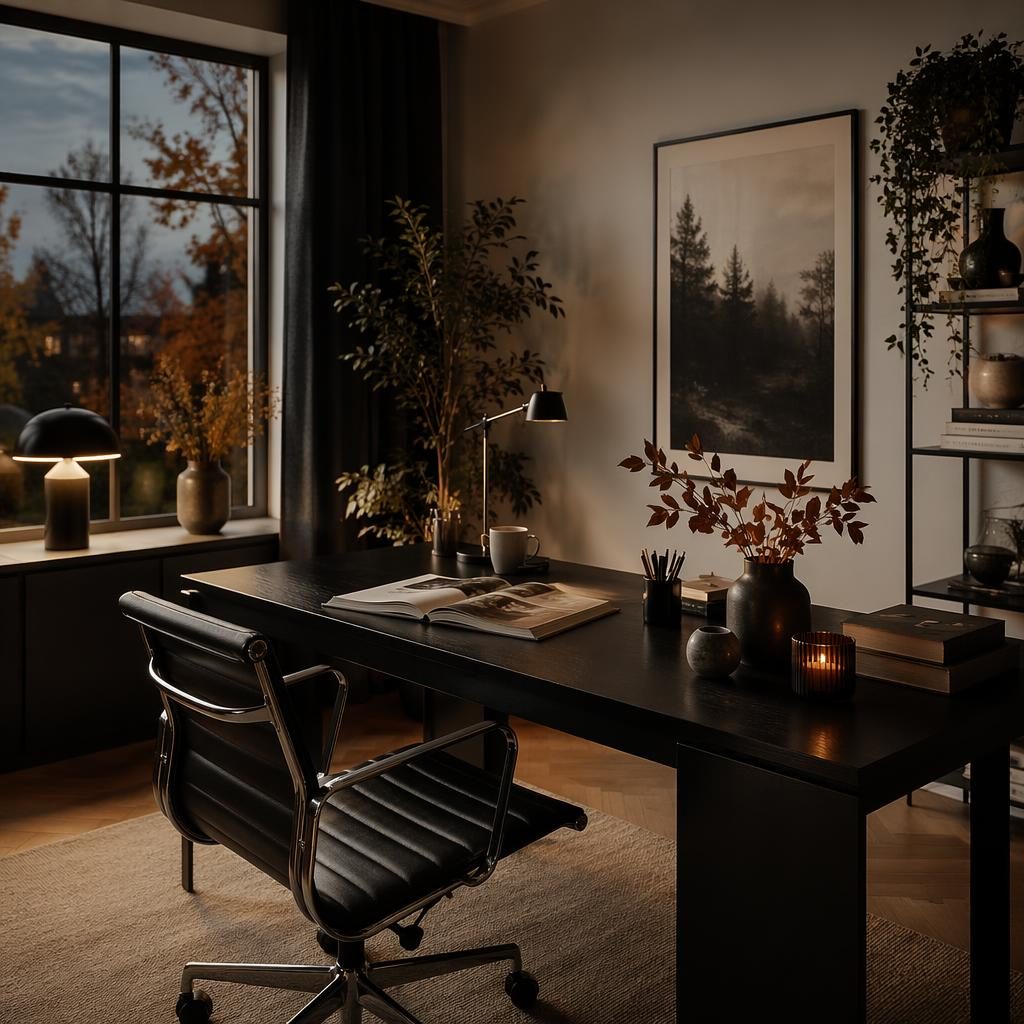 Home office nórdico en blanco y negro con luz cálida de tarde, materiales naturales, plantas, arte y textiles aterciopelados.