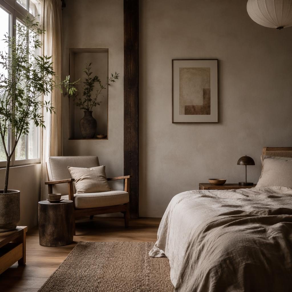Scandinavian bathroom interior with a small corner sitting area, warm neutral tones, natural materials, plants, art and soft textiles.