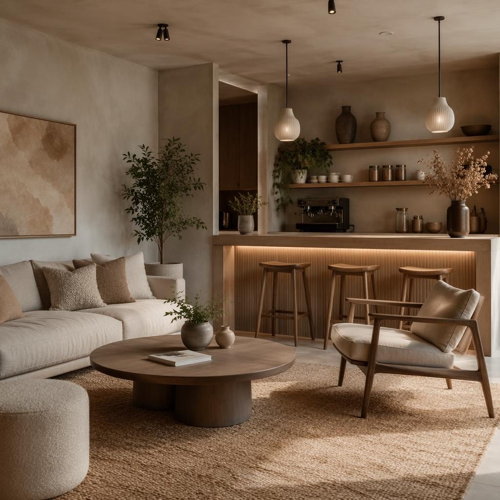 Scandinavian living room interior render with earth-tone palette, natural materials, plants, art, textiles, and soft diffused light.
