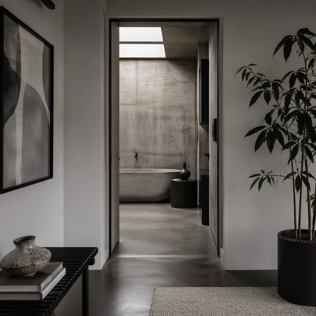 Industrial bathroom with raw concrete walls, black and white palette, minimalist decor, plants, textiles, and art.