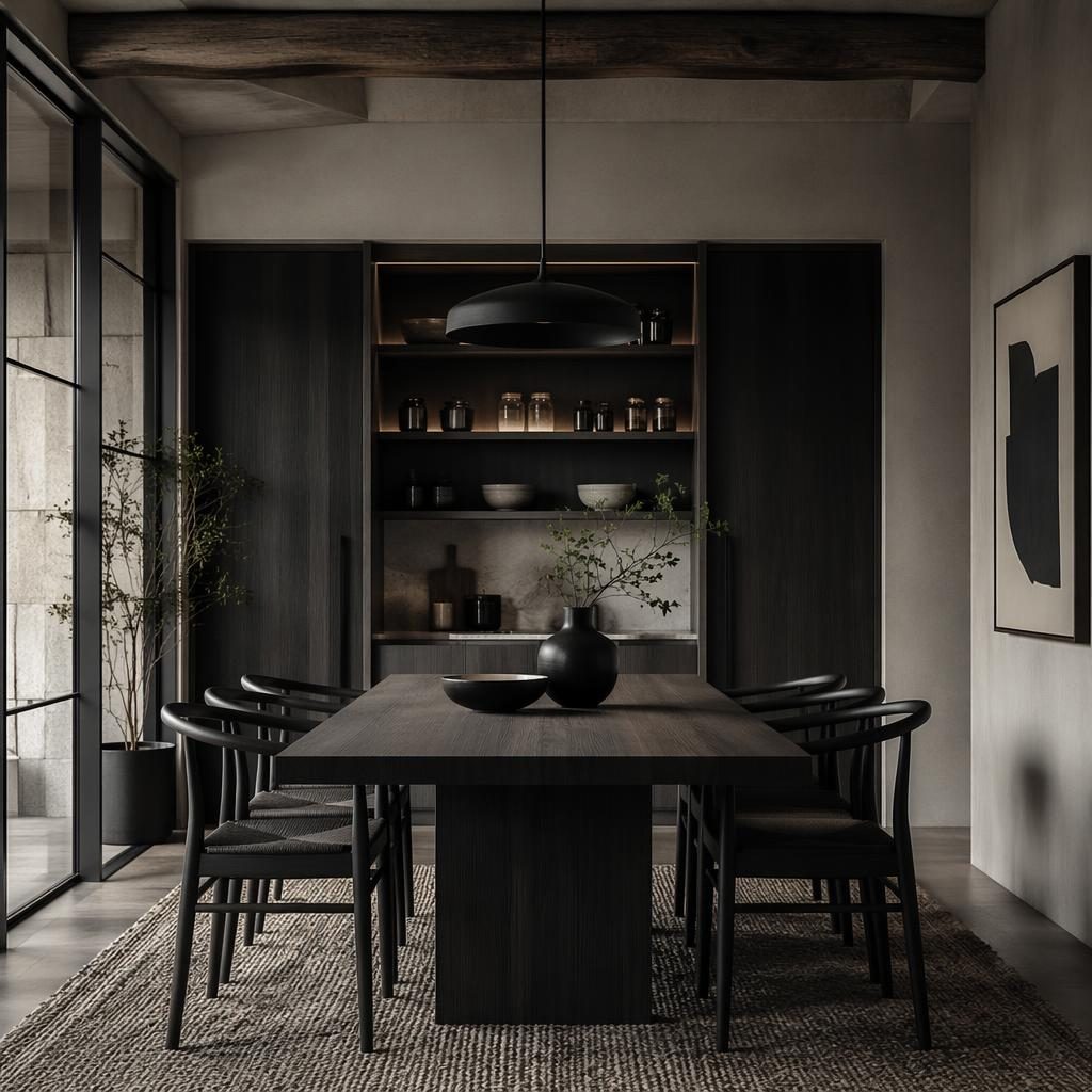 Japandi-Esszimmer in Schwarz-Weiß mit natürlichen Materialien, Pflanzen, Kunst, Textilien und maßgefertigter Walk-in-Pantry