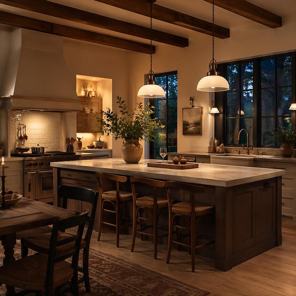 Fotorealistisches Interior einer Landhausküche in warmen Neutraltönen am Abend mit Naturmaterialien, Pflanzen und Textilien.