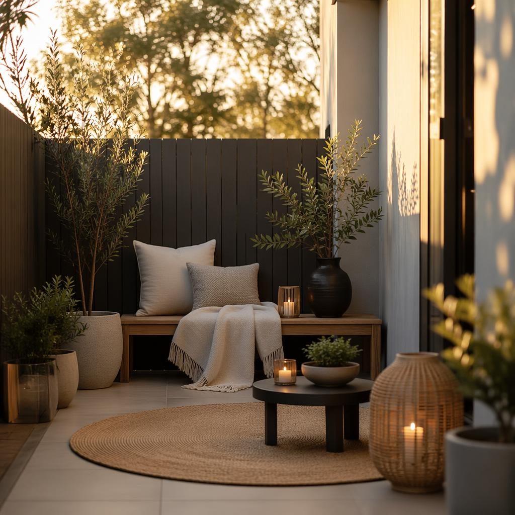 Japandi-style nursery entryway in black and white with soft pastel accents, plants, textiles, art, and golden hour light.