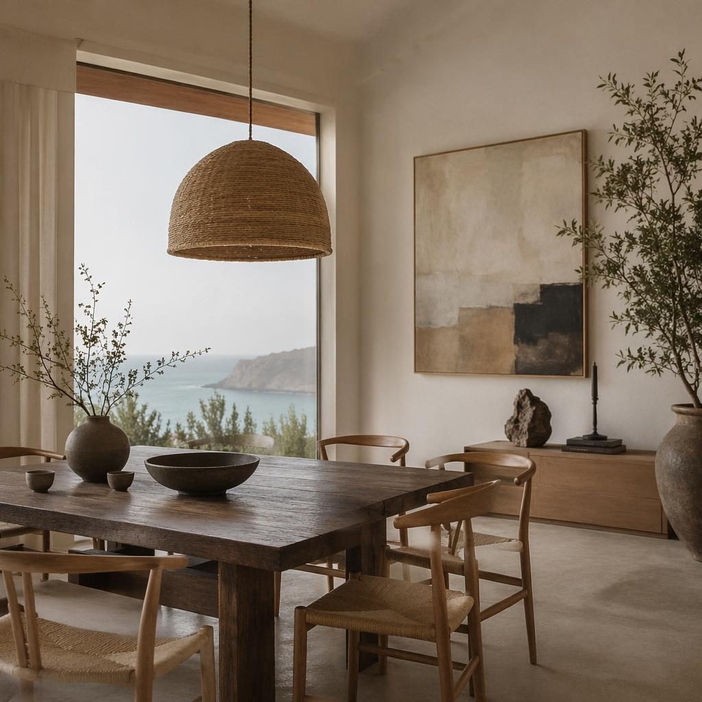 Gerenderter küstennaher Essbereich mit warmen Naturtönen, Tageslicht, Naturmaterialien, Pflanzen, Kunst und Textilien.
