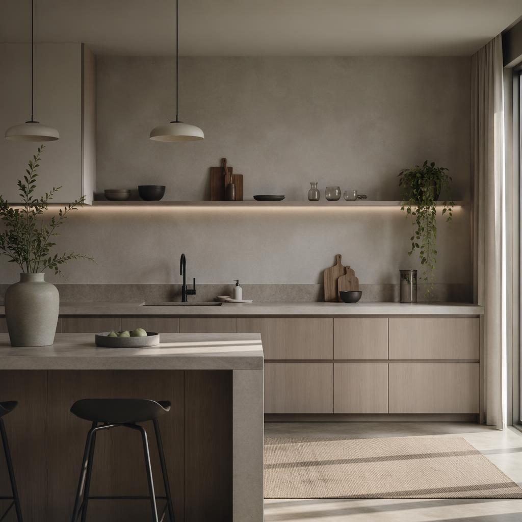 Skandinavische Küche in kühlen Grautönen mit Tageslicht, Naturmaterialien, Pflanzen und wandgestaltung hinter wohnwand.