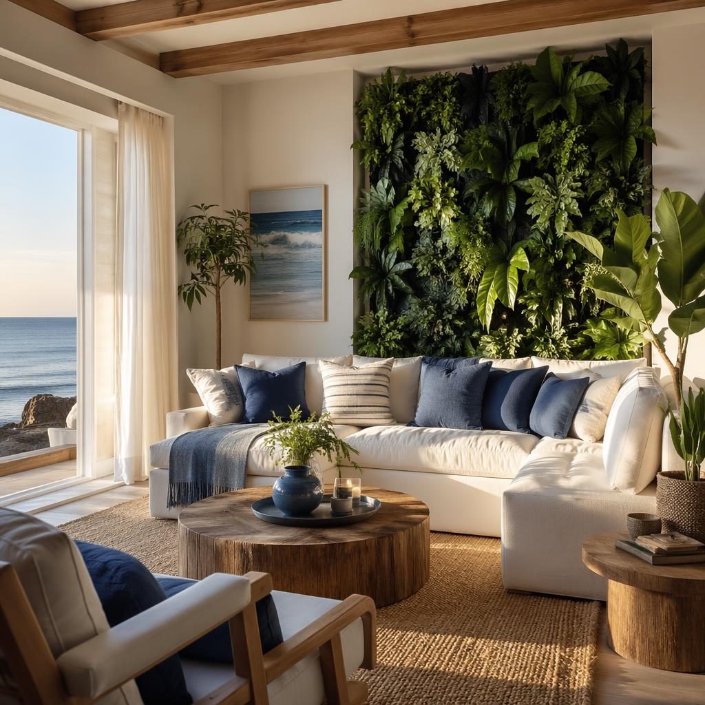 Coastal living room in white and blue with a reading nook, plants, pastel pink and beige accents, and golden hour light.