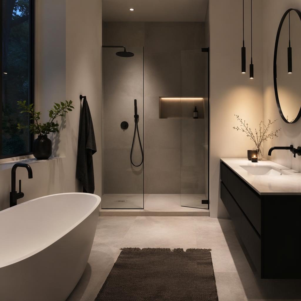 Salle de bain minimaliste noir et blanc avec robinetterie noire, bois naturel, plante, textile et lumière du soir.