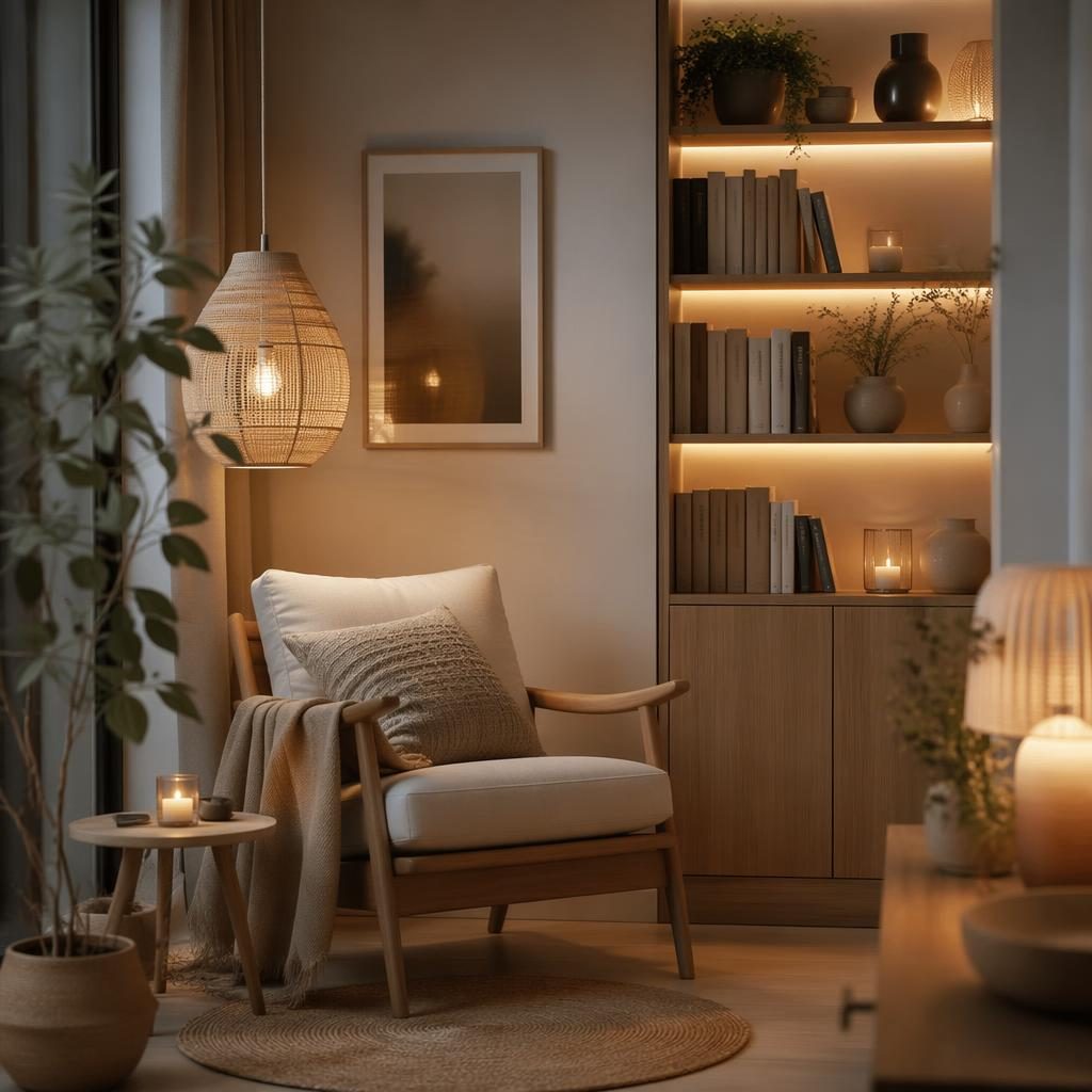 Rincón de lectura escandinavo en comedor contemporáneo, tonos neutros cálidos, materiales naturales, plantas y luz ambiental tenue.