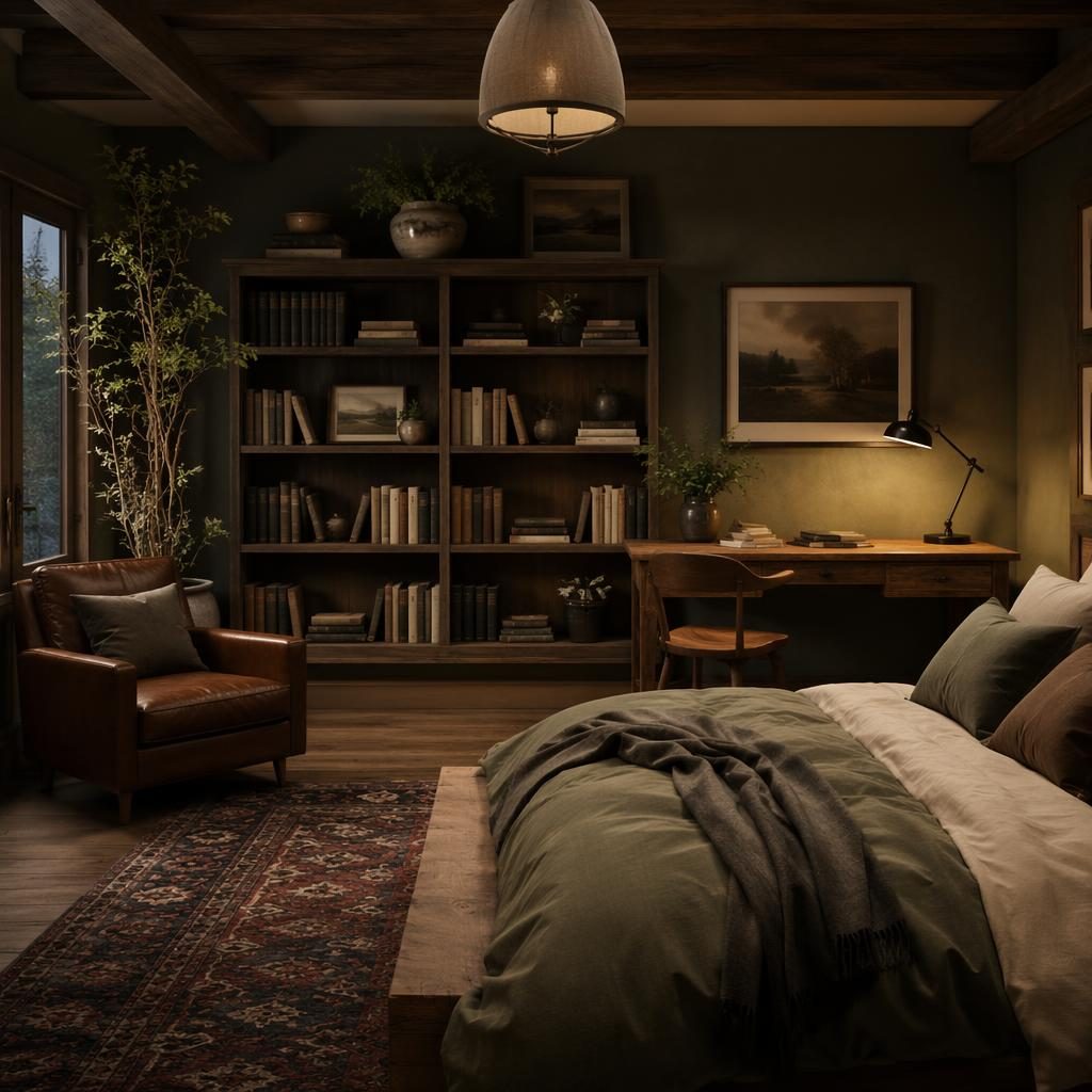 Farmhouse bedroom with reclaimed wood, sage and cream palette, warm evening light, plants, art, textiles, no people