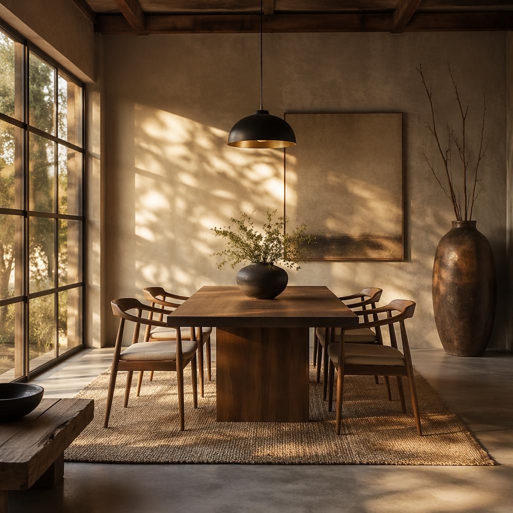 Japandi bedroom in earth tones at golden hour with natural wood, textiles, plants, wall art, and a large floor vase.