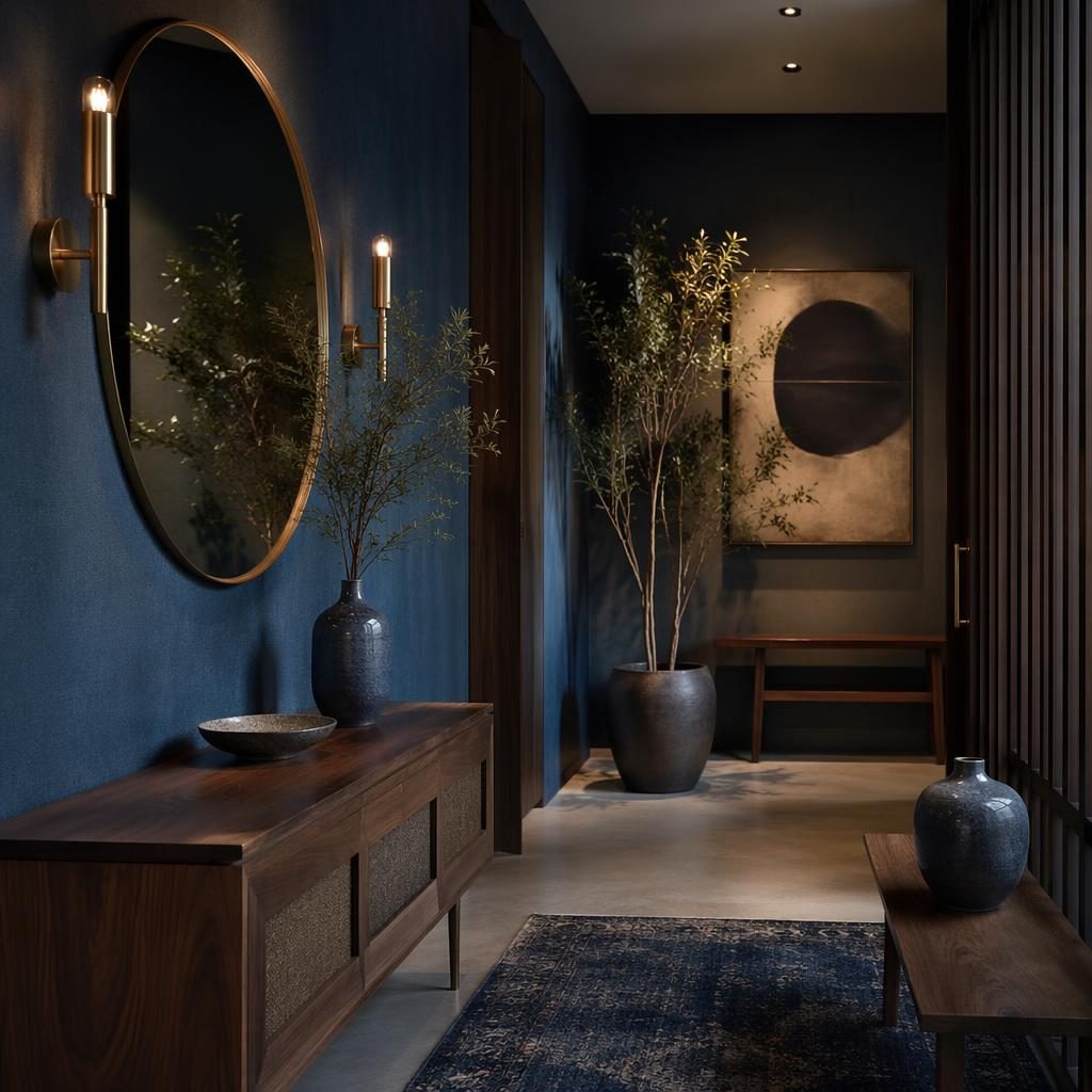 Recibidor japandi de estilo mid-century con paleta azul y latón, materiales naturales, plantas, arte y luz ambiental.