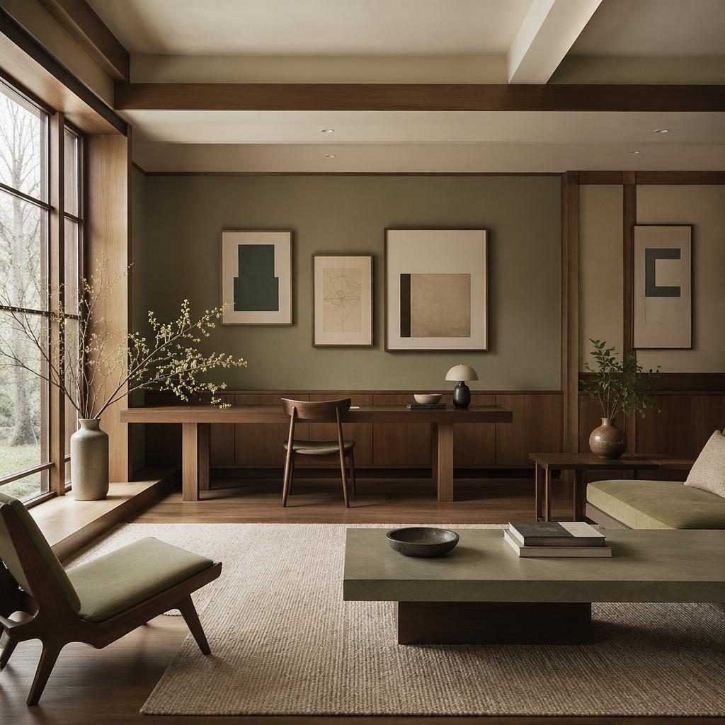 Bureau à domicile japandi sauge et crème, mobilier en bois, plantes, textiles, art mural minimaliste, lumière diffuse